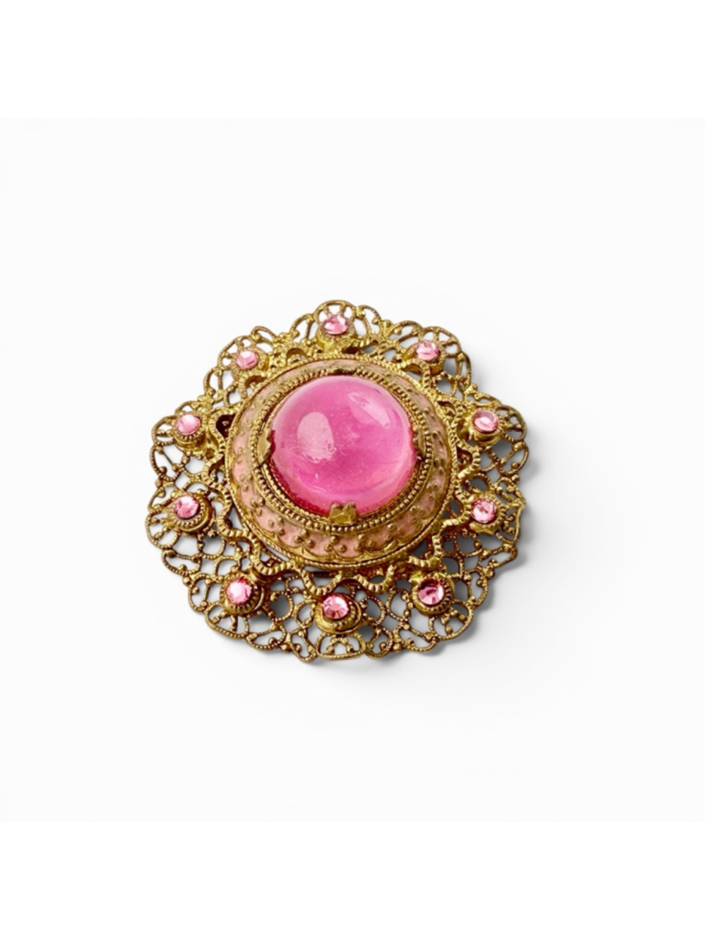 Vintage 1920s Victorian Romantic Style Pink Jelly Cabochon Brooch Filigree
